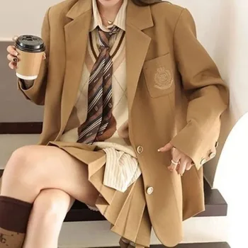 Traje Elegante de Inverno Midi Estilo Britânico para Mulheres 10 UNXX Autumn British College Style Short Badge Embroidered Blazers Suits Jacket Retro Casual Solid Color Loose Jackets Women‘s