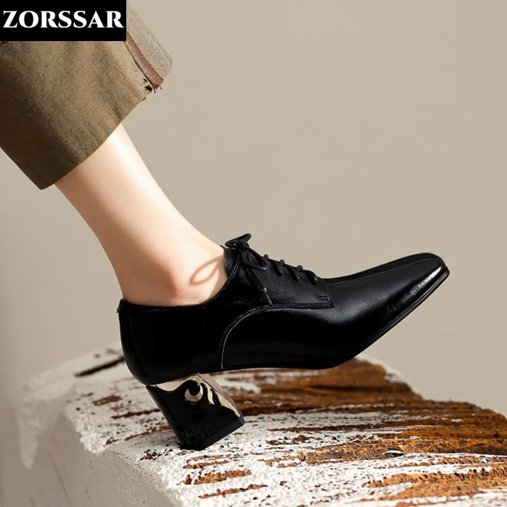 

New Women's Bare Boots High Heels Lace Up Dress Shoes Patent Leather Office Lady Shoe Horsehair Oxford Shoes Brogue Shoe Size 43