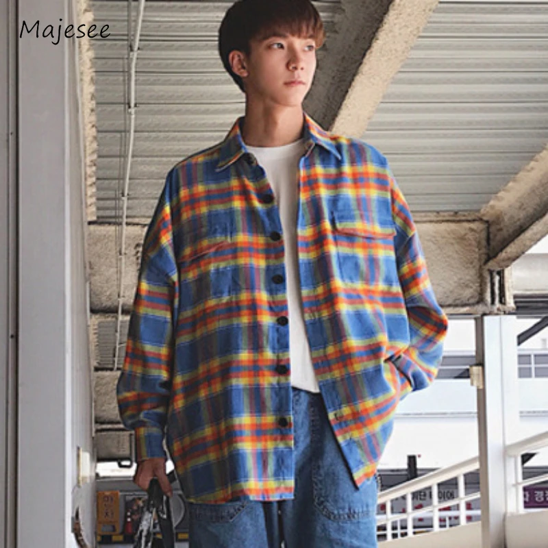 

Casual Shirts Men Loose Long Sleeve All-match Spring Autumn Harajuku Plaid Patch Pocket Japanese Style Teenagers Youthful Trendy