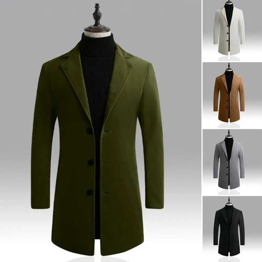 

Men Trench Coat Super Soft Men Jacket Mid-length Windproof Stylish Slim-fitting Pure Color Coat