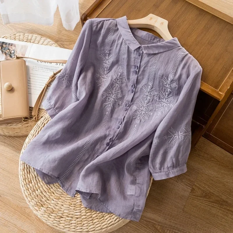 Pink Summer Women Tops Button Up Cotton Linen Blouse Retro Peter Embroidery Shirt Pullover Casual Office Blue Purple Top
Pink Summer Women Tops Button Up Cotton Linen Blouse Retro Peter Embroidery Shirt Pullover Casual Office Blue Purple Top