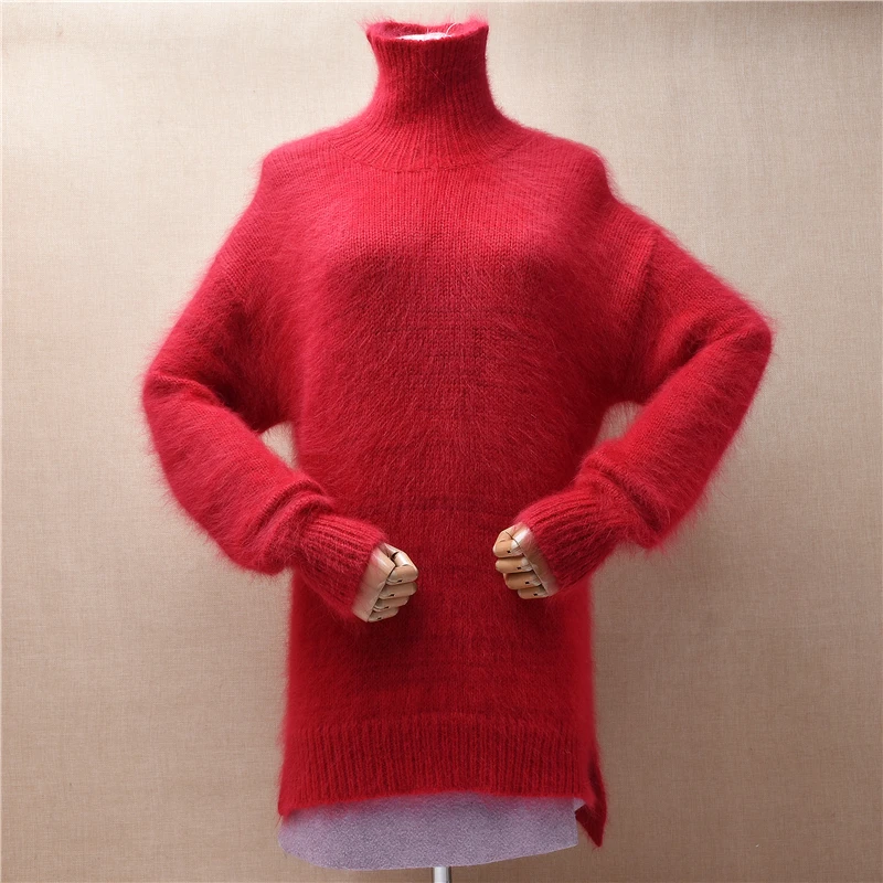 

Female Women Fall Winter Clothing Red Hairy Angora Rabbit Hair Knitted Split Turtleneck Loose Pullover Jumper Sweater Pull Dress