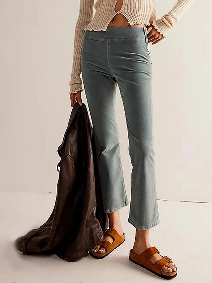 

Women Summer Casual Flare Pants Elastic Waist Slim Fit Solid Cropped Pants Fall Trousers for Casual Daily