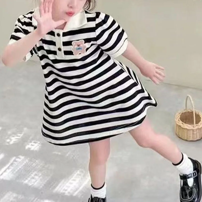 

2024 Summer New Girls Contrast Color Polo-Neck Button Stripe Spliced Cartoon Short Sleeve Korean Loose Sweet Casual Dresses