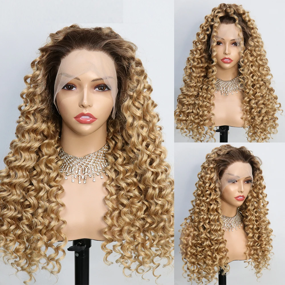 

Drag Queen Ombre Blonde Synthetic Lace Front Wig For Women Long Wavy 26 inch Deep Wave Brown Root Glueless Curly Cosplay Wig