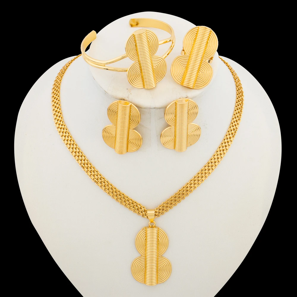 Luxury Jewelry Set for Women 18k Gold Color Pendant Necklace and Earrings 8 Shape Design Cuff Bangle Ring Set for Anniversary
Luxury Jewelry Set for Women 18k Gold Color Pendant Necklace and Earrings 8 Shape Design Cuff Bangle Ring Set for Anniversary