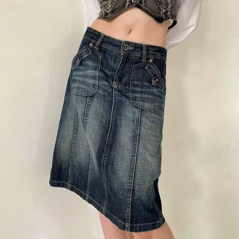 HOUZHOU Vintage Y2k Denim Skirt Women Low Waist Washed Distressed Pocket Patchwork A-line Knee Length Skirt Casual Streetwear
HOUZHOU Vintage Y2k Denim Skirt Women Low Waist Washed Distressed Pocket Patchwork A-line Knee Length Skirt Casual Streetwear