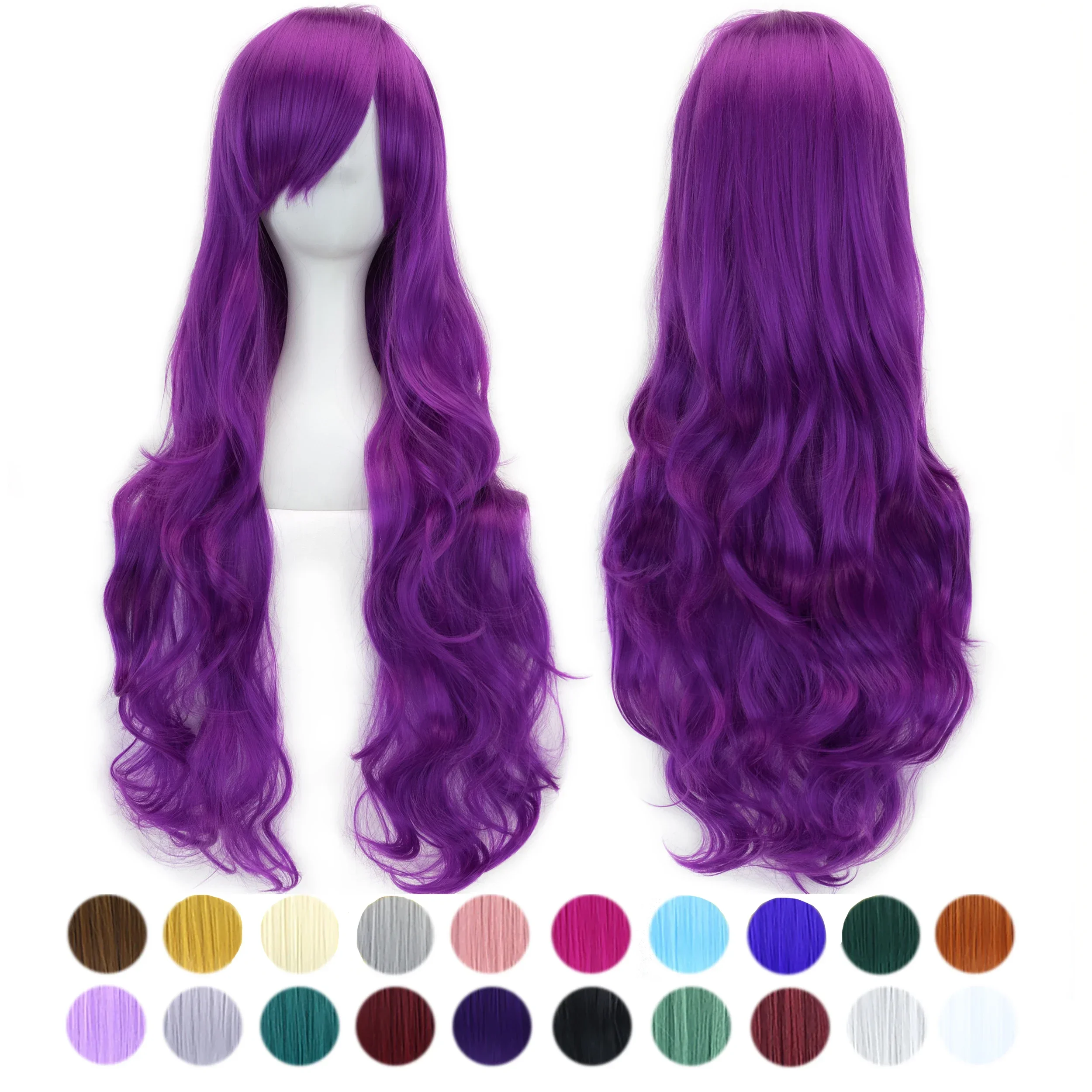 

80cm Long Violet Curly Natural Hair Cosplay Wig with Bangs Colorful Halloween Costume Party Wigs for Women