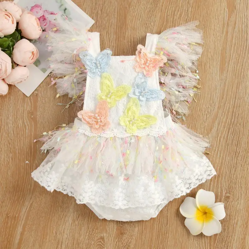 

Summer New Baby Girl Sweet and Cute Jumpsuit with Tassel Mesh Small Flying Sleeves Butterfly Sticker Crawling Outwear