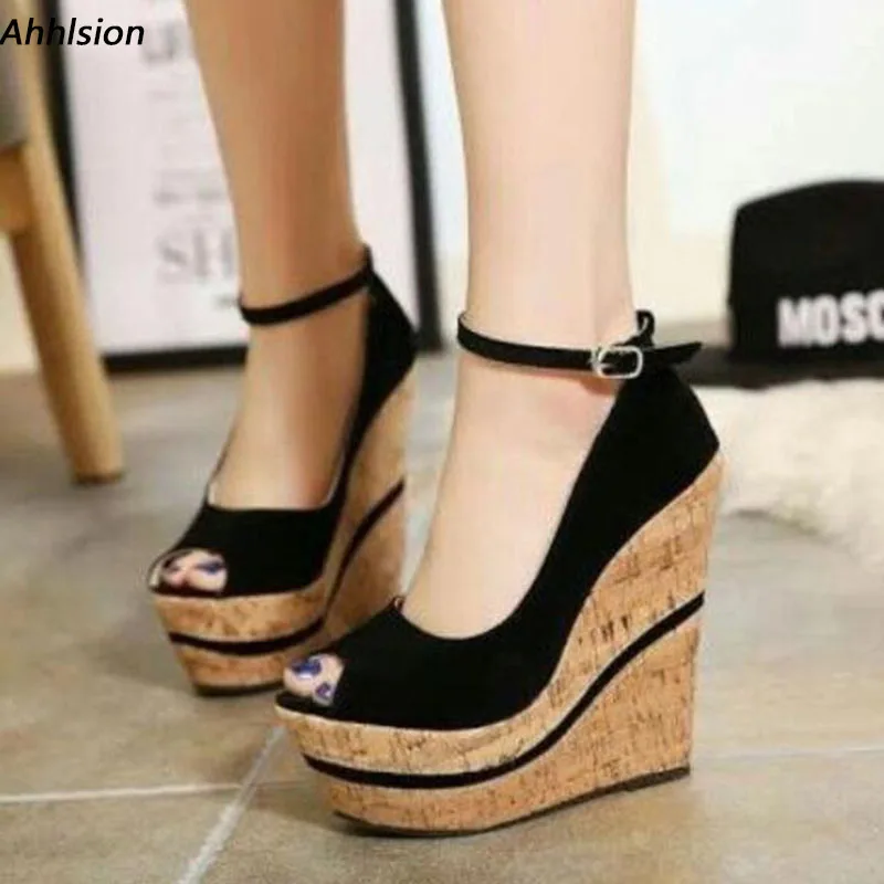 

Ahhlsion Real Photos Women Platform Pumps Comfort Wedges High Heels Peep Toe Elegant Black Concise Shoes US Plus Size 5-20