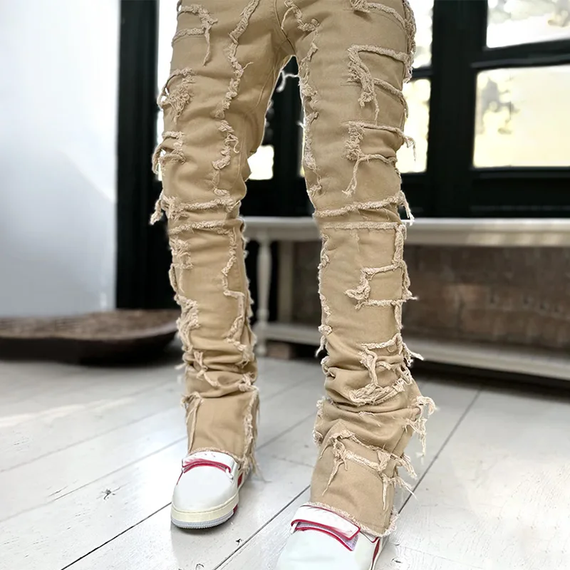 

1PC Elastic Denims Pants Trousers Straight Pants Ripped Jeans Cotton Stacked Jeans Destroyed Men Vintage Hip Hop