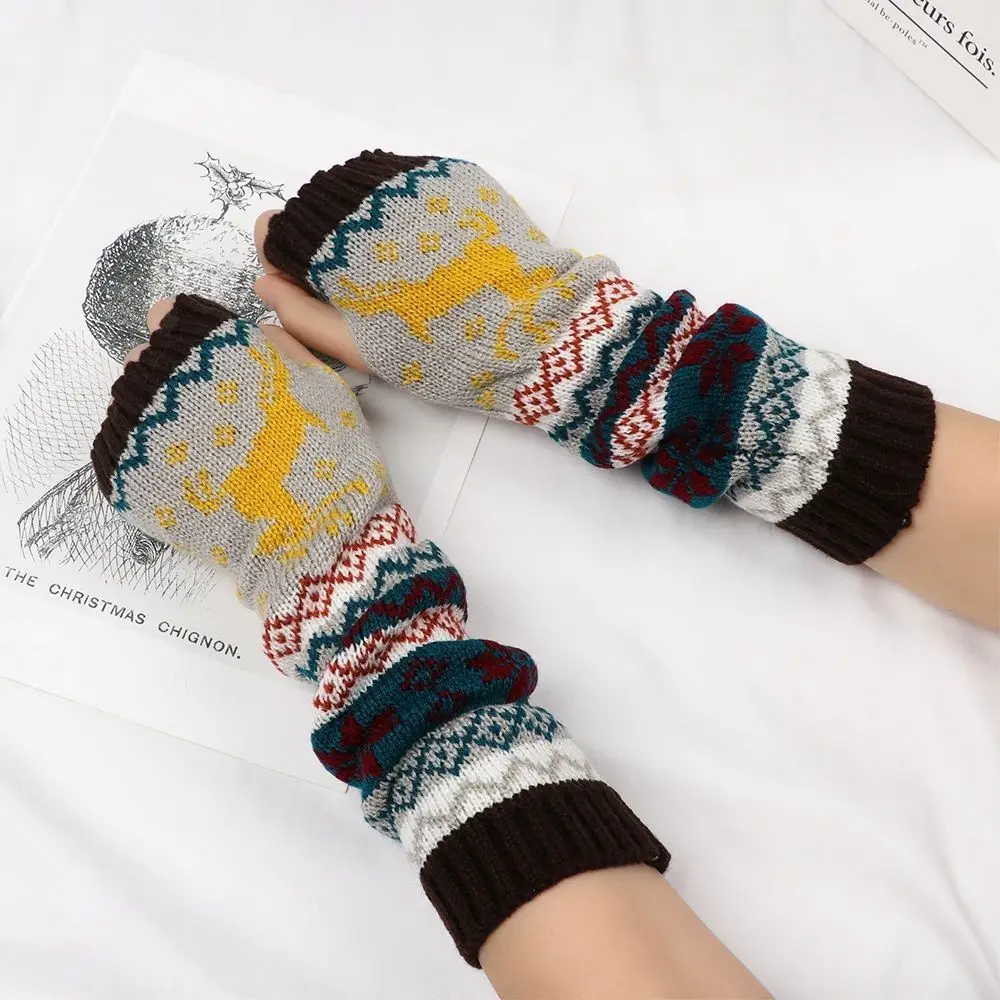 

Women Girls Xmas Deer Knitted Fingerless Long Gloves Thick Warm Long Sleeve Wristband Arm Cover Soft Elbow Mittens