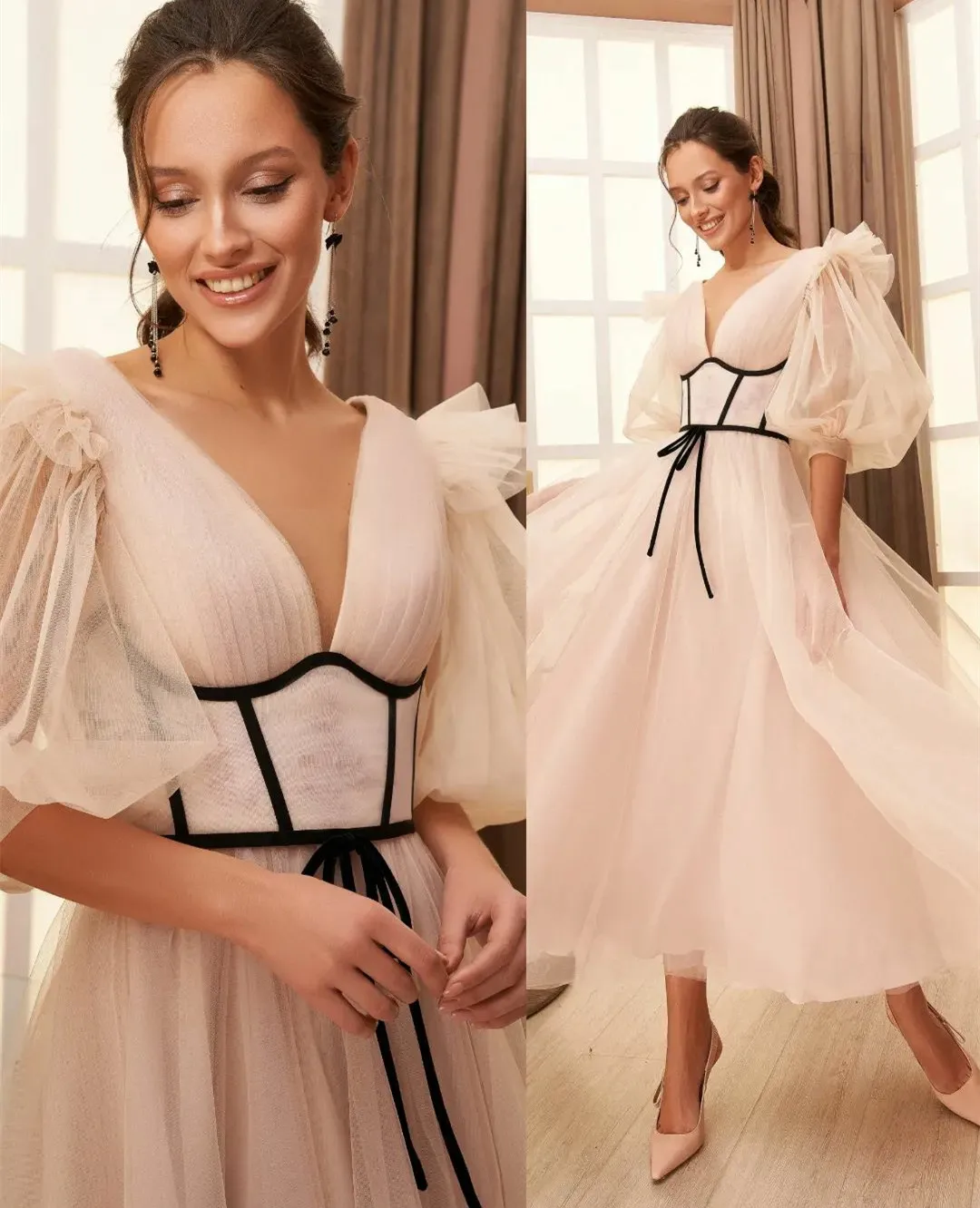 Vintage Short V-Neck Tulle Evening Dresses A-Line Half Sleeve Tea Length فساتين سهرة Prom Formal Dress for Women 
Vintage Short V-Neck Tulle Evening Dresses A-Line Half Sleeve Tea Length فساتين سهرة Prom Formal Dress for Women