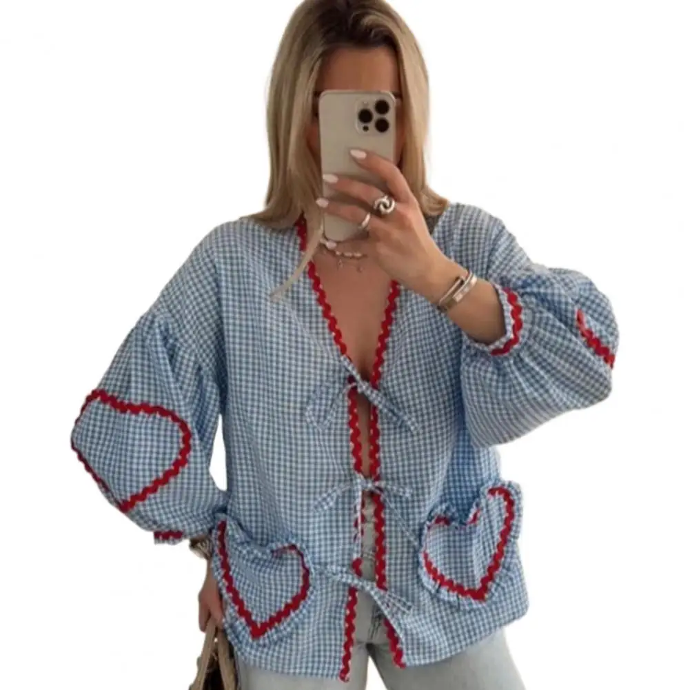 Women's Shirt Loose Plaid Heart Pocket Bow Hollow Up Lace Up Long Sleeve V-neck Female Shirts 2024 Summer Fashion Lady Tops
Women's Shirt Loose Plaid Heart Pocket Bow Hollow Up Lace Up Long Sleeve V-neck Female Shirts 2024 Summer Fashion Lady Tops
