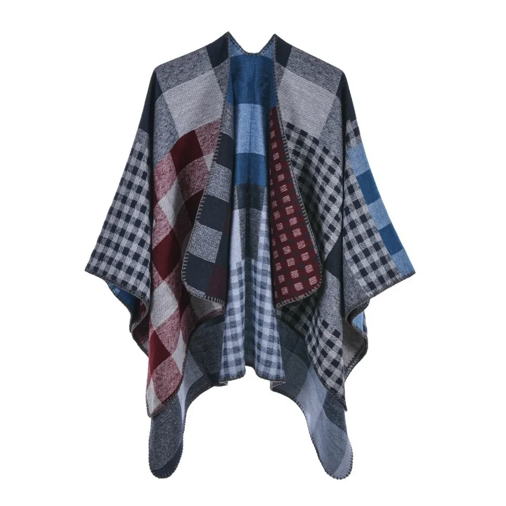 

Autumn Winter Plaid Women's Knitted Shawl Double-sided Split Shawl Fashion Street Poncho Lady Capes Navy Cloaks