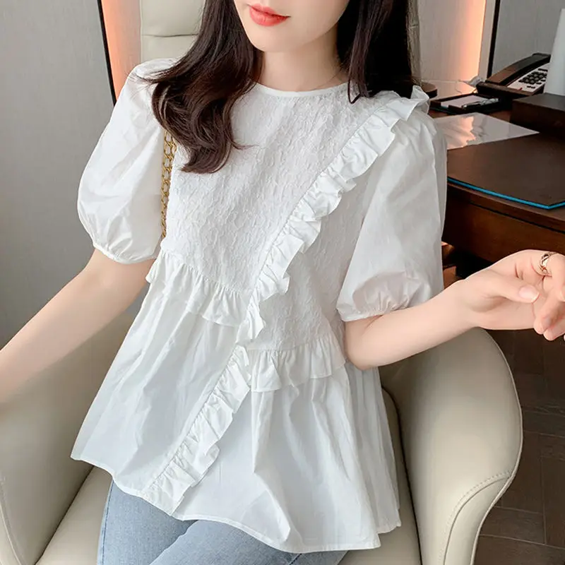 

Round Neck Chiffon Asymmetrical Design T-Shirts Mori Girl Style Puff Sleeve Big Hem Summer Agaric Lace Patchwork Loose Top Tee