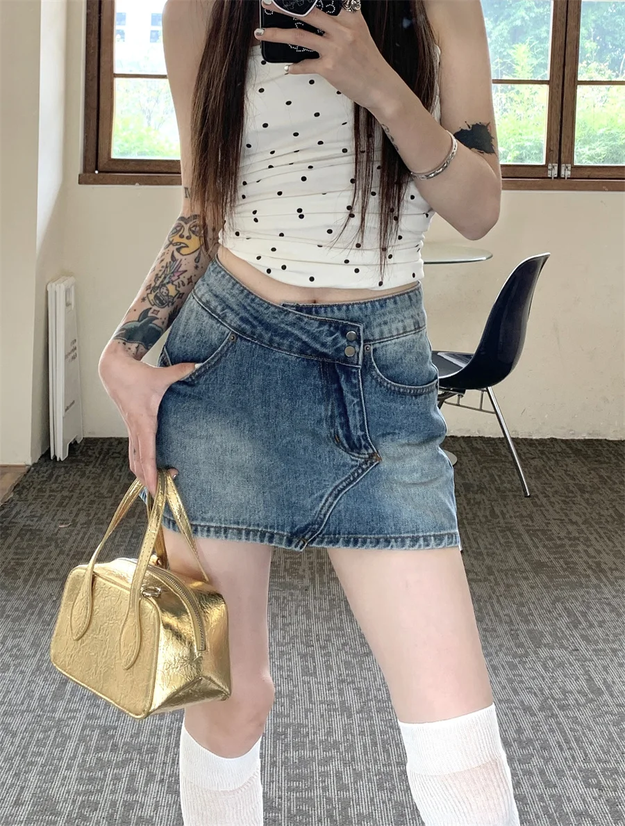 

Slergiri Asymmetrical Waist Retro Denim Mini Skirts Women Summer Y2k Streetwear Casual Washed A-line Jean Short Skirts 2024 New