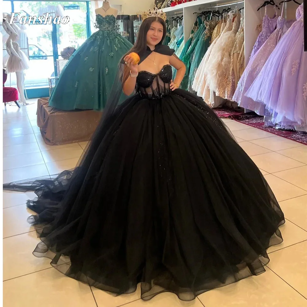 

Fanshao pd269 Wrap Quinceanera Dresses Ball Gown Sweet XV Birthday Party Lace Applique Charro Vestidos Cape Robe Prom Dress