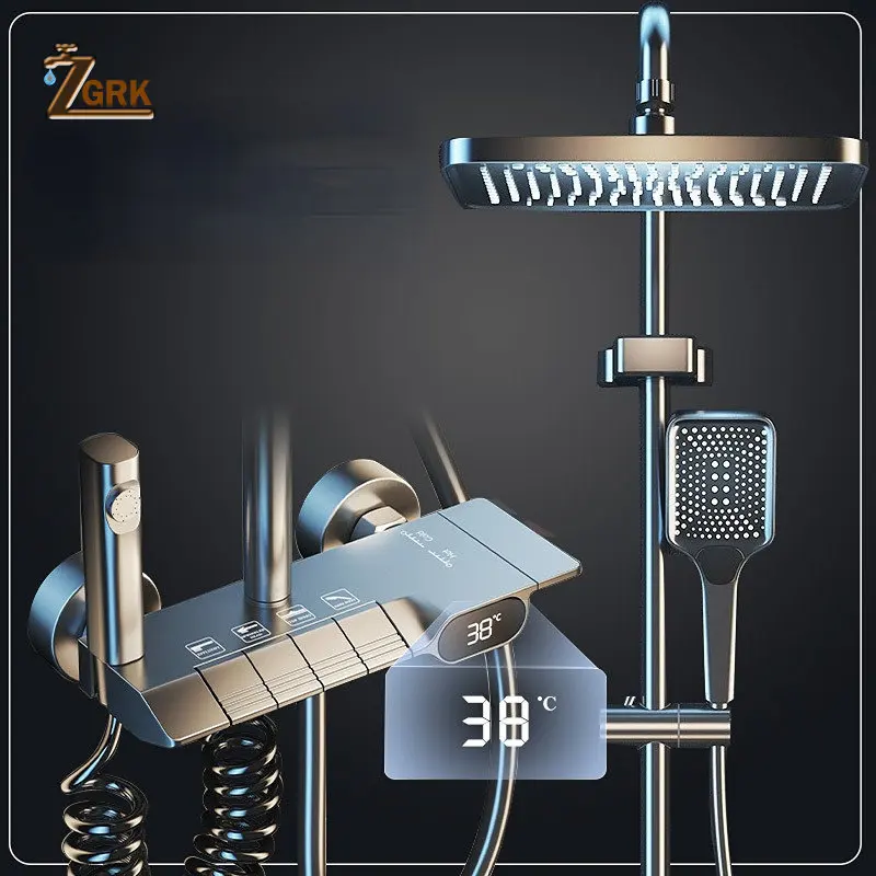 

Grey Digital Shower Set Intelligent Brass Bathroom Faucets Hot Cold Waterfall Tap Rainfall Piano Design Shower System