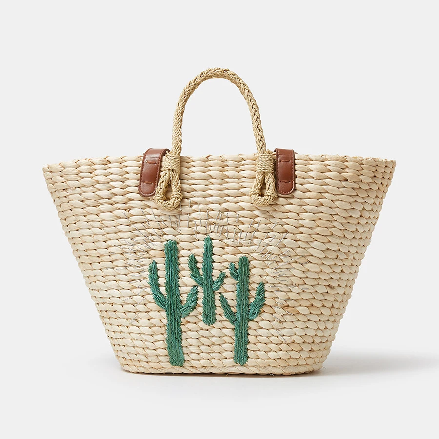 

Fashion Cactus Pattern Rattan Women Handbags Corn Husk Woven Shoulder Bags Casual Summer Beach Straw Basket Bag Large Tote Purse
