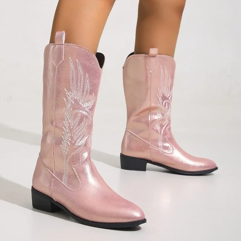 

Ковбойские сапоги в западном стиле 2024, зимние модные женские сапоги до середины икры, розовые сапоги без застежек в стиле ретро с острым носком на среднем каблуке, обувь для женщин