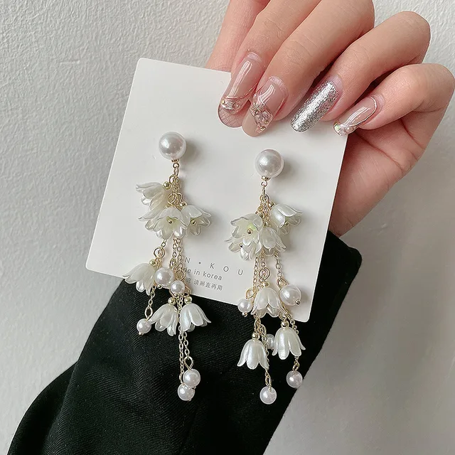Boucles d'Oreilles sulfen Acrylique Blanc pour Femme, Perle, Fleur, Gland, ixde Mariage, ChimKorean Dstress, Déclaration, Bijoux 1