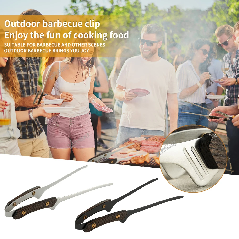 

24cm/9.4in Camping Picnic BBQ Tongs 304 Stainless Steel Barbecue Grill Tongs Clip Heat Insulation Wooden Handle Cook Tong