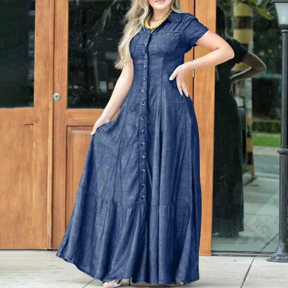 

Женское джинсовое платье А-силуэта, Элегантное Длинное однотонное платье-трапеция с оборками на подоле, накладными карманами и высокой талией, с лацканами