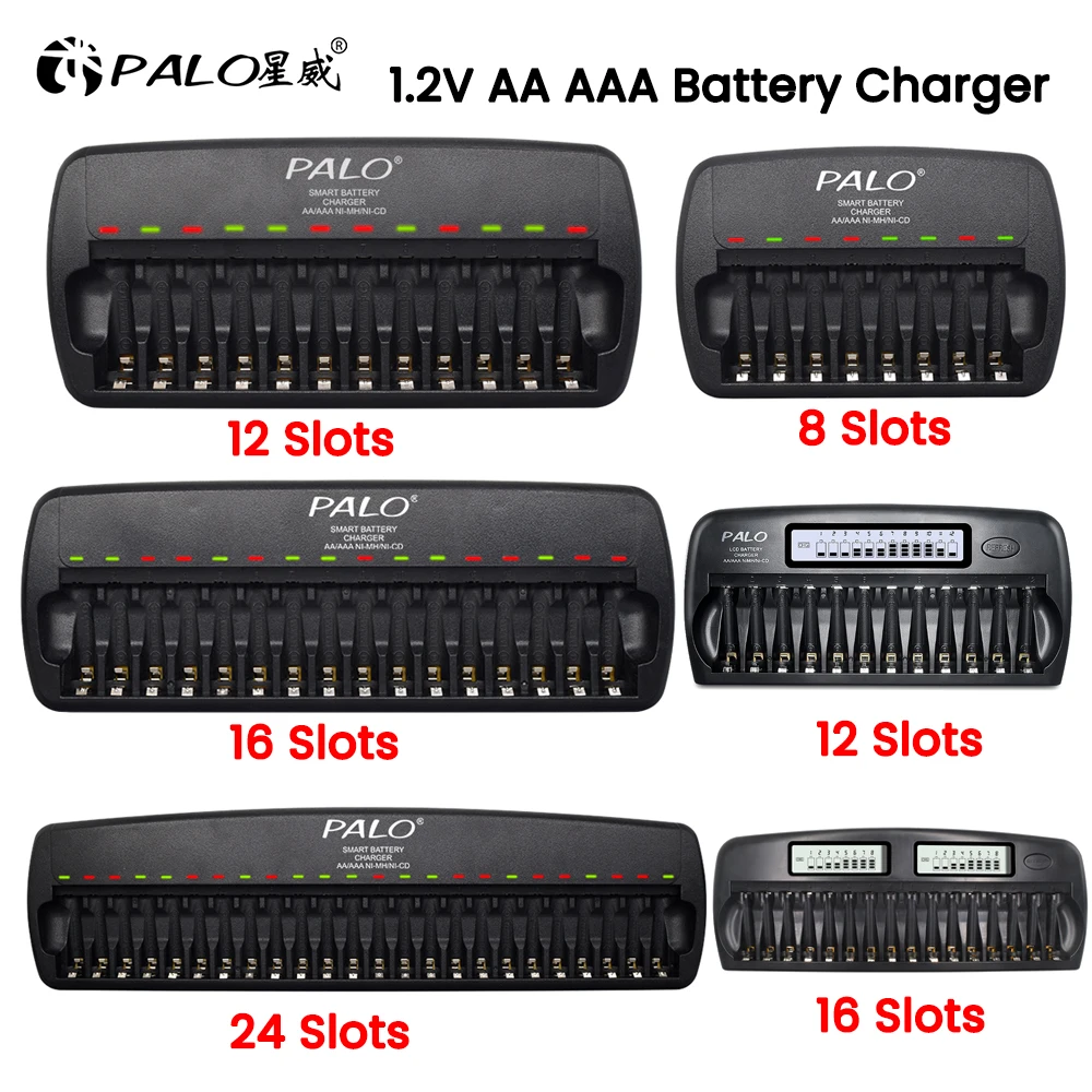 

PALO 4/6/8/12/16/24 Slots Battery Charger With LCD Display Smart Intelligent for 1.2V AA AAA NIMH NICD Rechargeable Batteries