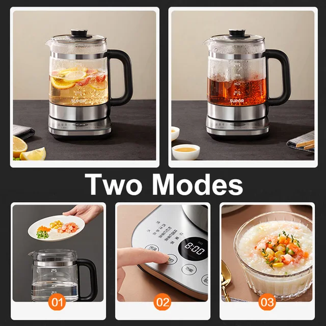 SUPOR-Bouilloire Électrique Intelligente, Pot de Santé Multifonctionnel Original, Verre en Acier Inoxydable, Pot de Préservation de la Santé du Thé, 1,5 L 2