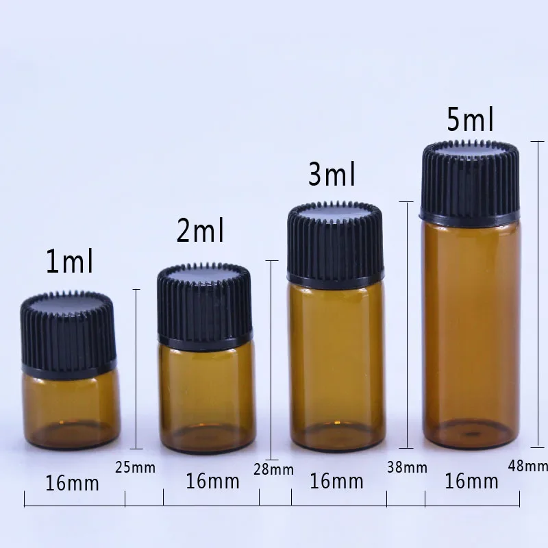

100pcs 1ml/2ml/3ml/5ml Empty Amber Glass Essential Oil Bottle Thin Glass Small Amber Perfume Oil Vials Sample Test Bottle