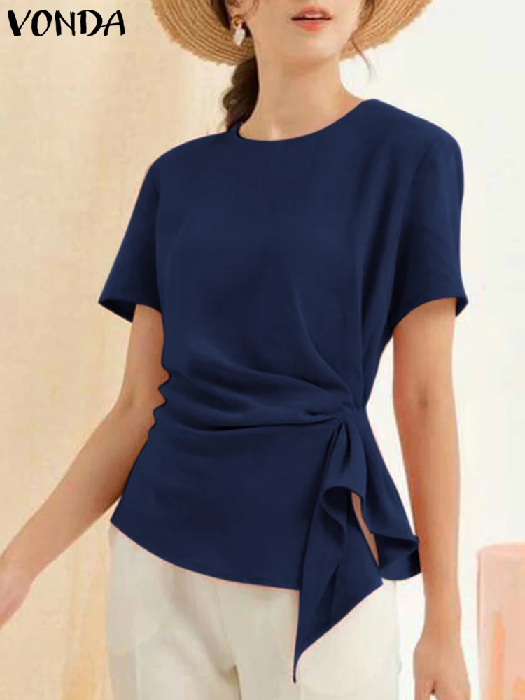 

VONDA летние блузки элегантные повседневные однотонные женские рубашки 2024 плиссированная Туника Топы свободные блузки с коротким рукавом женские блузы