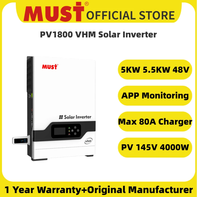 MUST Original MPPT 48V 5KW 5.5KW Off Grid Hybrid Solar Inverter PV1800 VHM 5000W 5500W Built 140A Charge Controller With Wi-Fi
MUST Original MPPT 48V 5KW 5.5KW Off Grid Hybrid Solar Inverter PV1800 VHM 5000W 5500W Built 140A Charge Controller With Wi-Fi