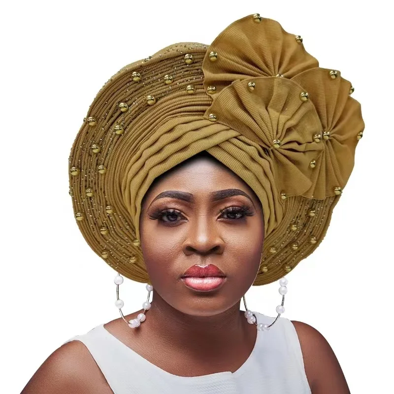 

Nigerian Gele Headgear Beaded Already Made Auto Turban African Aso Oke Wedding Headscarf Women Muslim Hijab Bonnet Turban Cap