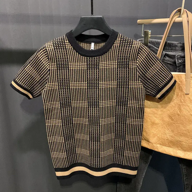 New Arrival Wool T Shirt Men's Knitted Round-neck Breathable Thin Cashmer Short Sleeve Tee Plaid Contrast Color Tops Q30
New Arrival Wool T Shirt Men's Knitted Round-neck Breathable Thin Cashmer Short Sleeve Tee Plaid Contrast Color Tops Q30
