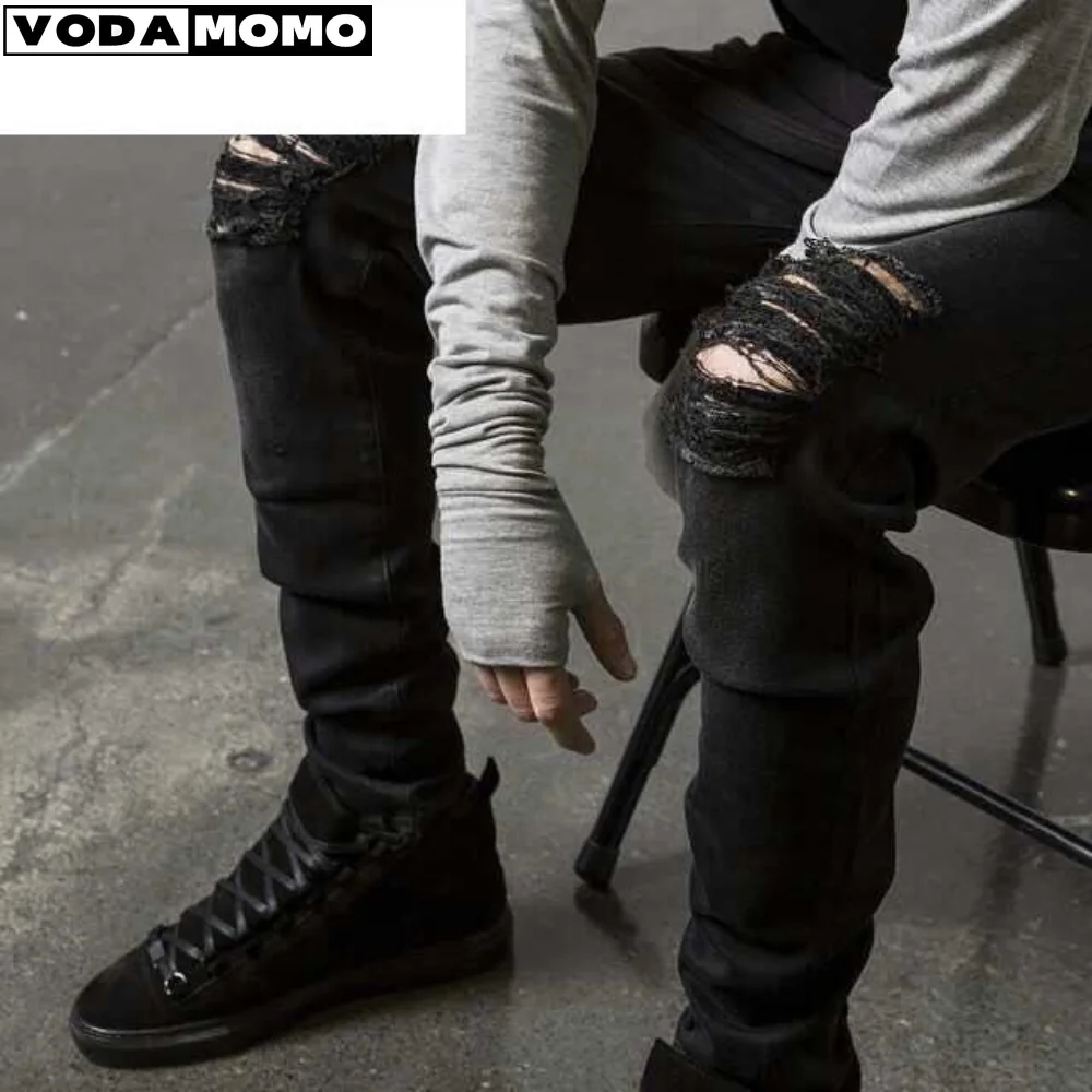 

Style Men Skinny Jeans Khaki Ripped Hole Burrs Personality Folds Slim Trend Motorcycle Bike Jeans Denim Pants mens jeans