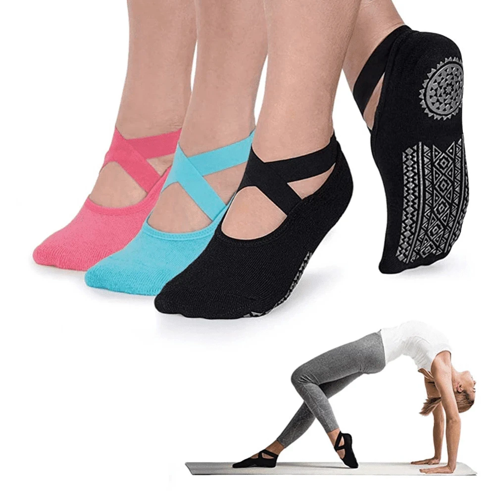 

Yoga Socks for Women Non-Slip Grips & Straps, Bandage Cotton Sock, Ideal for Pilates Pure Ballet Dance Barefoot Workout