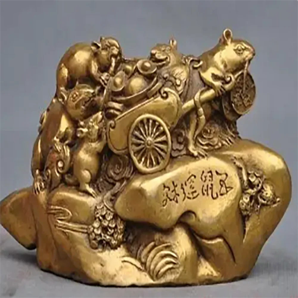 

7" Chinese fengshui brass 5 mouses five mice transport wealh money lucky statue