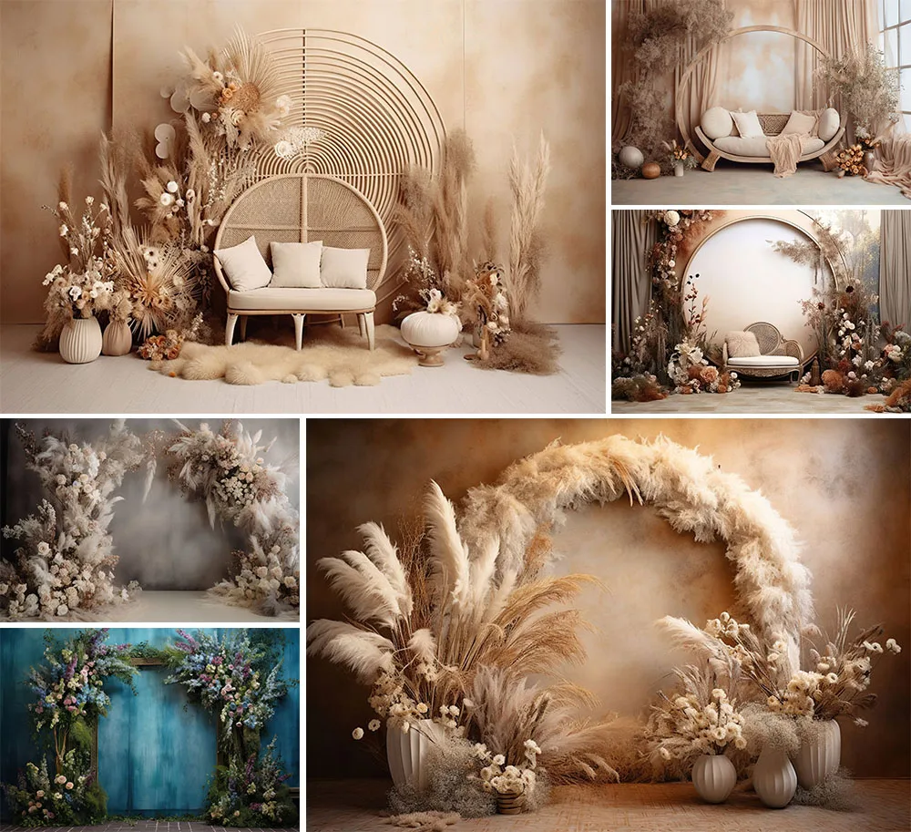 

Mehofond Photography Background Boho Pampas Grass Floral Grey Wall Birthday Wedding Pregnant Woman Decor Backdrop Photo Studio