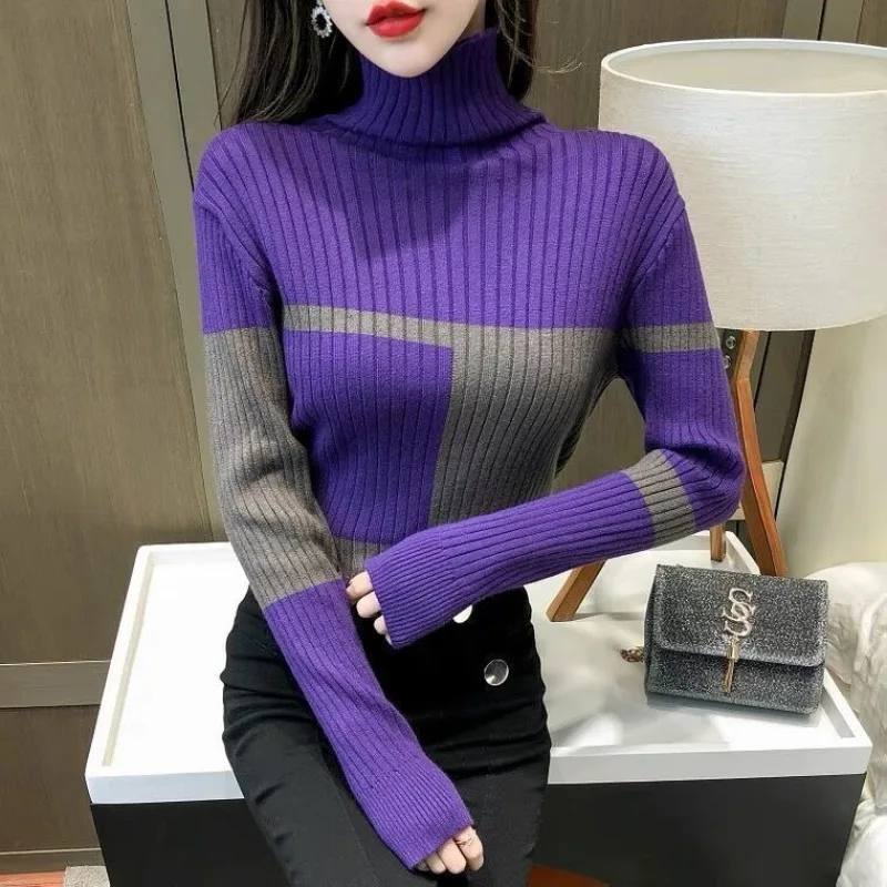 

Women's Clothing Fashion Slim Spliced Knitted Pullovers 2023 Autumn Winter New Casual Commute Long Sleeve Sweaters for Female