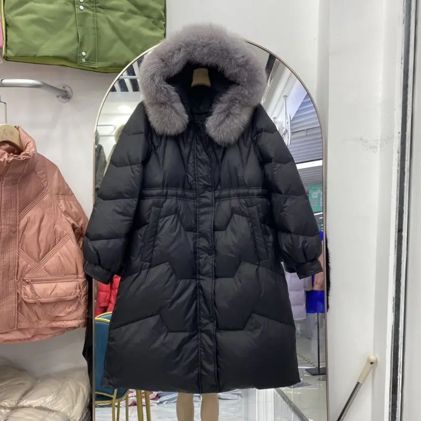 

Женская зимняя куртка-пуховик с натуральным мехом енота 2023, Толстая теплая пушистая парка, женское водонепроницаемое пальто с капюшоном на 90% белом утином пуху, sl163