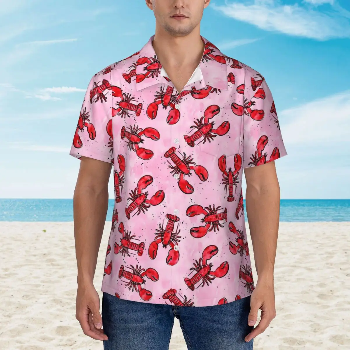 

Рубашка для отпуска Lobsters, красные и розовые летние повседневные рубашки, мужские модные блузки, стильный топ с графическим принтом и коротким рукавом