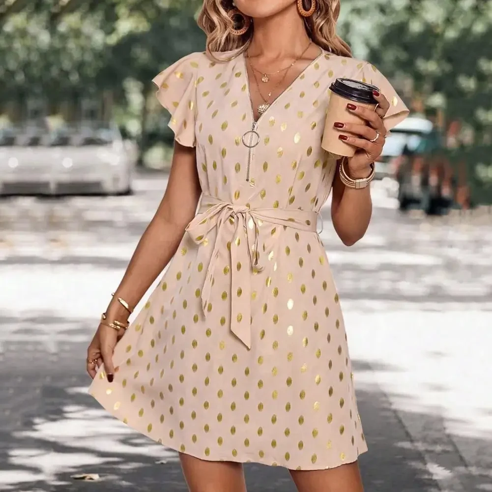 

Summer Women Dress Flying Sleeves A-line Lace-up Tight Waist Contrast Color Dot Print Zipper V Neck Commute Dating Midi Dress