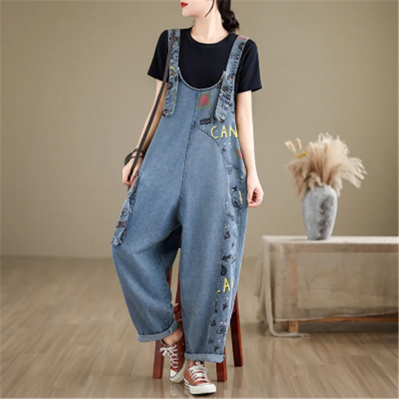 

Fashion Streetwear Denim Jumpsuit Women Vintage Printed Loose Jeans Overalls Pockets Wide Leg Cargo Baggy Pants 2024 Autumn New