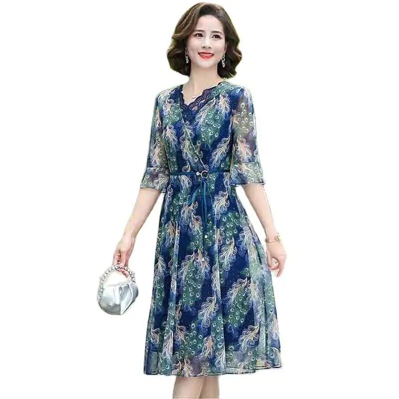 

New Short-sleeved Printed Dress 2023 Temperament Age-Reducing Flesh-covering And Slim Summer Over-the-knee Mom Long SkirtWomens