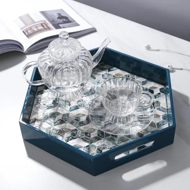 European Blue Color Shell Tray Luxury Wooden Hexagonal Food Teacup Cosmetic Brush Storage Tray Home Square Jewelry Display Stand
European Blue Color Shell Tray Luxury Wooden Hexagonal Food Teacup Cosmetic Brush Storage Tray Home Square Jewelry Display Stand