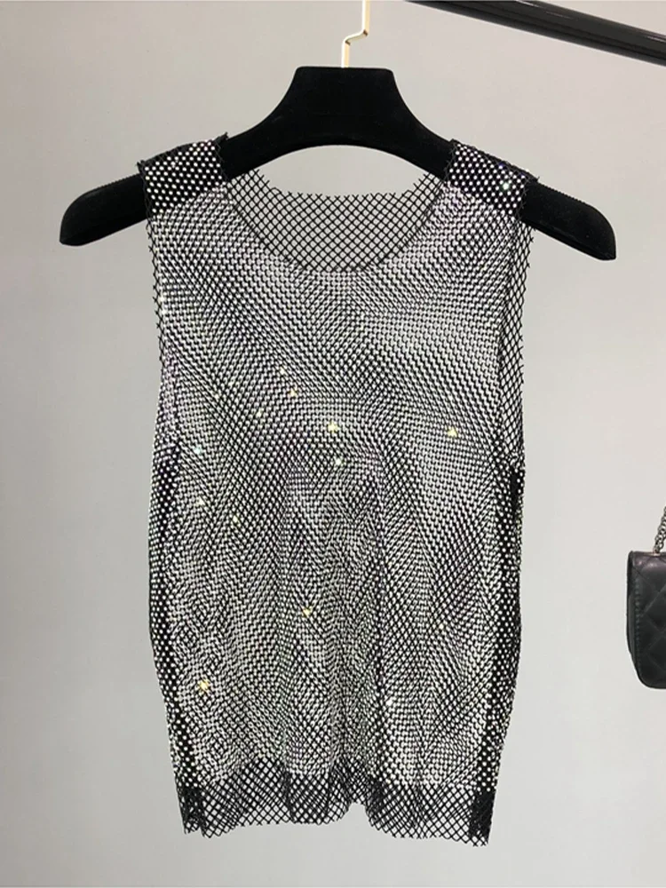 

JXMYY Crystal Beading Shiny Tanks Party Club Sexy Hollow Out Diamonds Stamping Camis Winky Sleeveless Vest y2k top