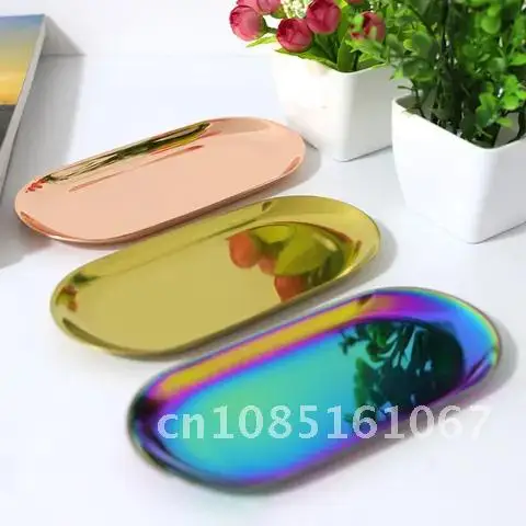 

Oval Nordic Style Serving Tray Stainless Steel Jewelry Storage Platter Metal Snack Tray Gold Decoration Home Organizer