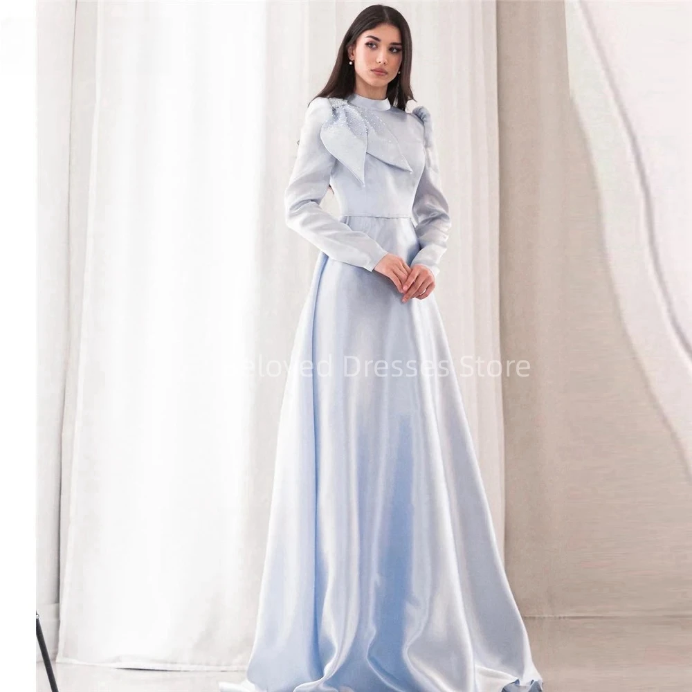 Elegant Satin Light Blue High Neck Evening Dresses فستان حفلات الزفاف Full Sleeves Formal Occasion Dresses Vestidos De Fiesta
Elegant Satin Light Blue High Neck Evening Dresses فستان حفلات الزفاف Full Sleeves Formal Occasion Dresses Vestidos De Fiesta