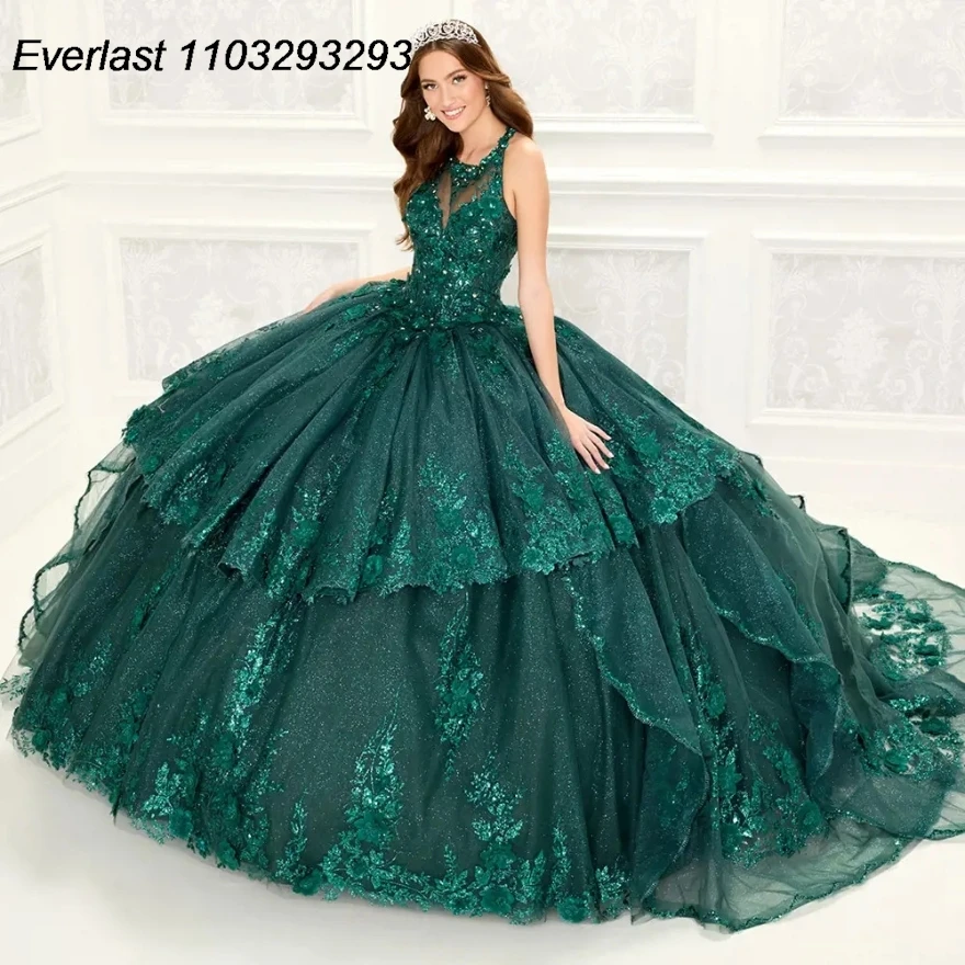 

EVLAST Emerald Green Quinceanera Dress Ball Gown 2024 Sequins Applique Beading Crystal Tiered Sweet 16 Vestido 15 De Años TQD220